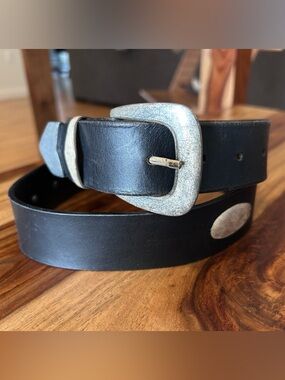 Western Genuine Leather Black Belt with Silver Buckle and Embellishments